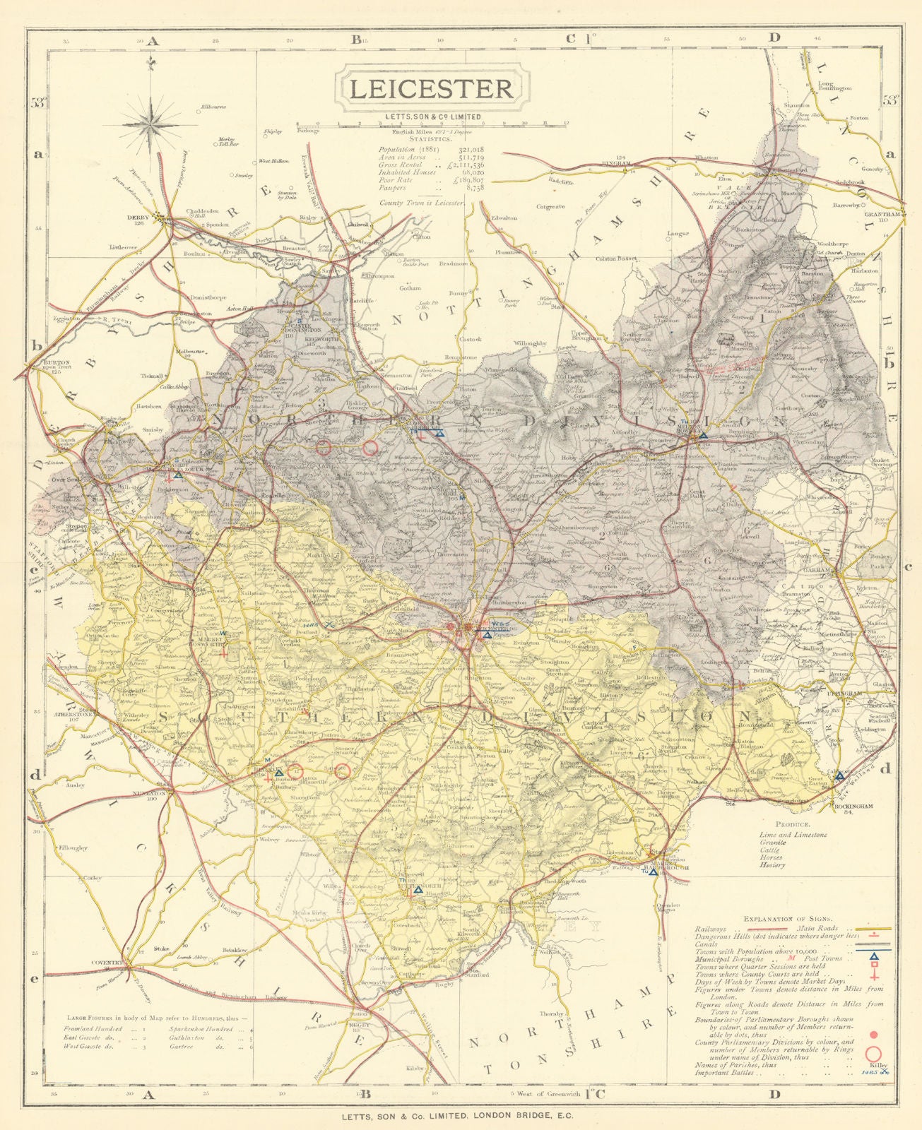 Leicestershire county map showing Post Towns & Market Days. LETTS 1884 old
